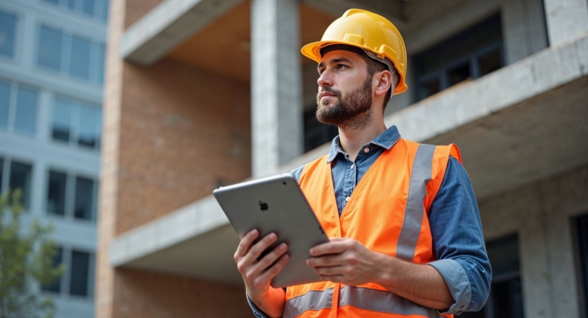 Bouw Protectie Polis - Aannemer met tablet op bouwplaats