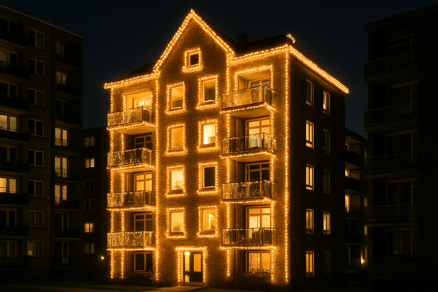 make an image of a dutch apartment building covered in christmas lights in the dark and its an apartement block there are other apartement buildings a